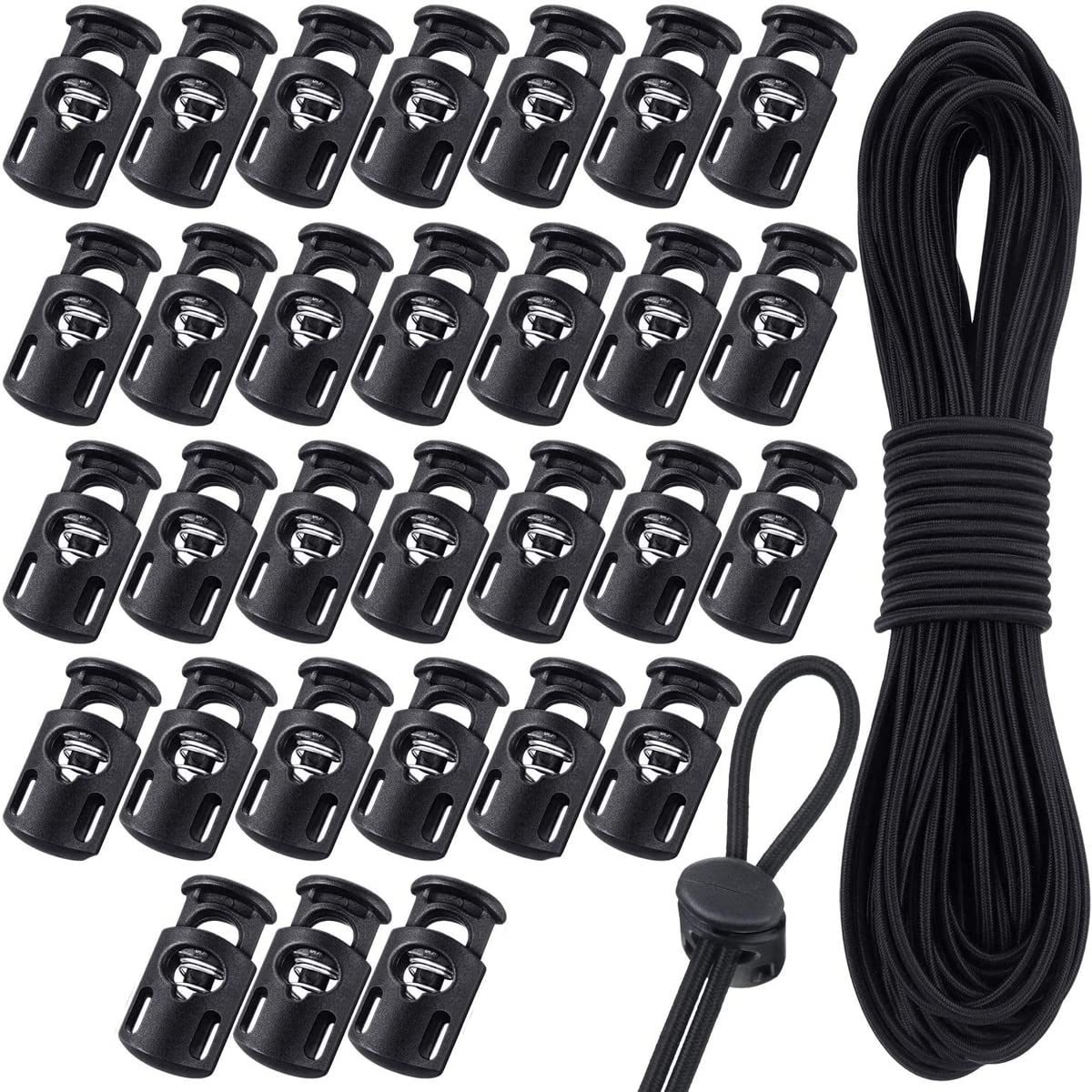 TSKDKIT Plastic Cord Locks and Black Elastic Cord, 10m Bungee Cord with 30 pcs Drawstring Locks, Spring Toggle Stoppers Fastener Slider with Elastic Drawstring for Shoelaces, Clothing, Backpack, etc