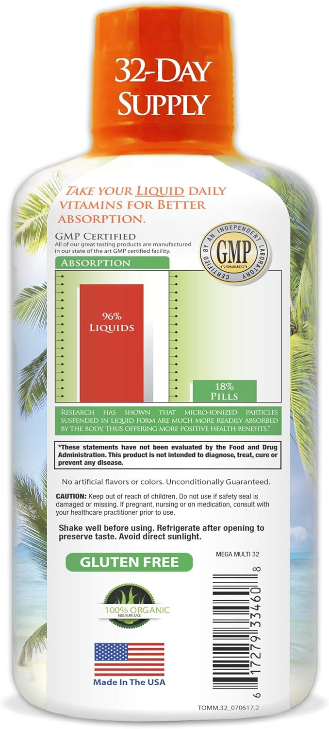 Tropical Oasis Mega Plus - Liquid Multivitamin and Mineral Supplement – Includes 85 Vitamins & Minerals, 20 Amino Acids + CoQ10, Grape Seed Extract & Organic Aloe Vera - 32oz, 32 Servings: Health & Personal Care
