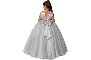 MCieloLuna Flower Girls Dresses for Wedding Satin Tulle Princess Pageant Dress Kids Pearls Prom Ball Gowns with Bow-Knot