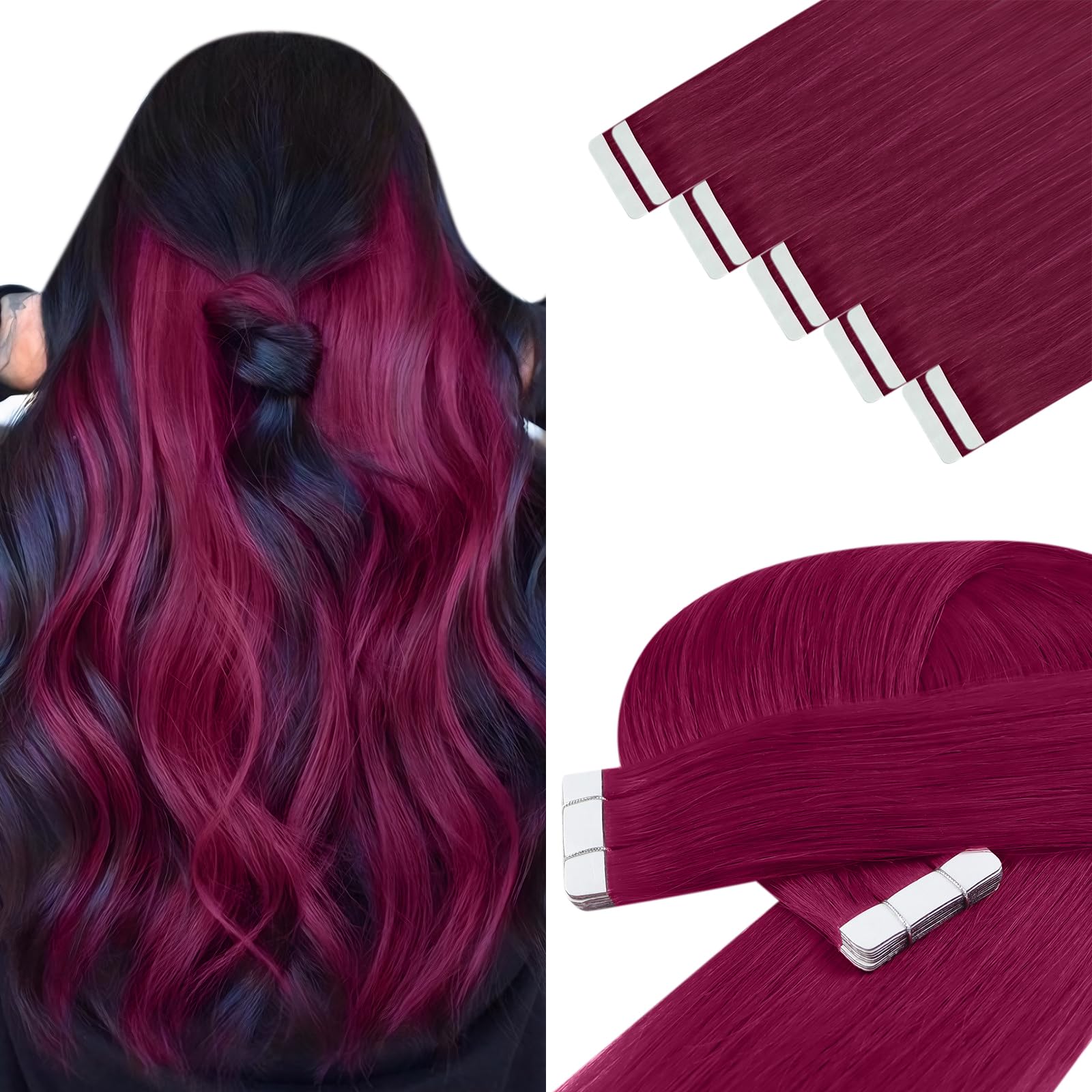 YoungSee Tape in Hair Extensions Real Human Hair Magenta Human Hair Extensions Tape in Color Tape Extensions Magenta for Party Highlights Hair 20In 10pcs 25g — image 1