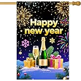 HOMETITUTE Happy New Year House Flag 28x40 Inch Champagne Bottle Gift Boxes and Fireworks Garden Flag Snow Scene Outdoor Yard Decoration Holiday Celebration Banner for Home Porch Lawn