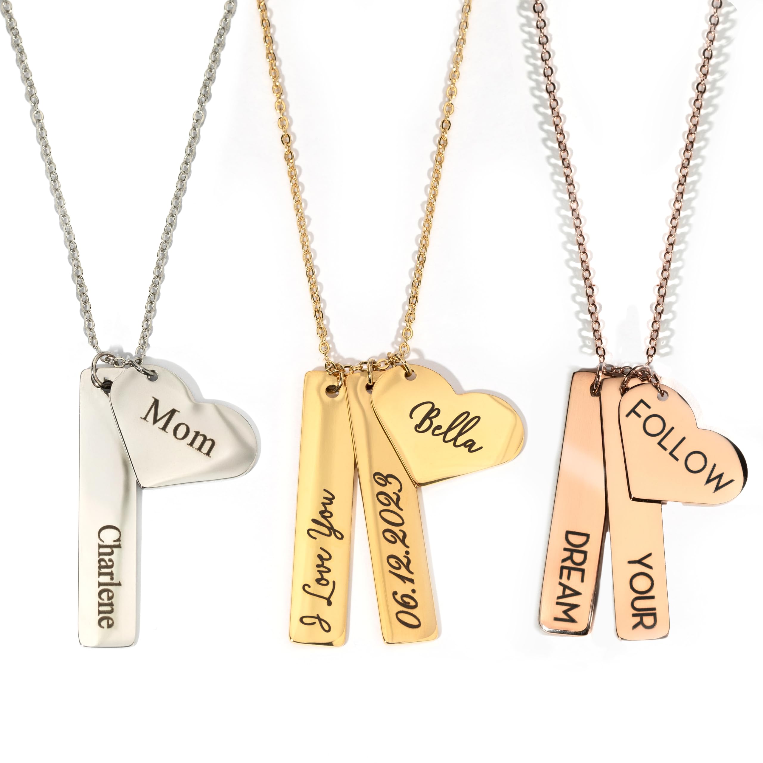 MignonandMignon Custom Name Necklace Personalized Engraved Gold Bar Necklace, Kids’ Names, Heart Charm, Gift for Mom, Unique Birthday Jewelry for Women - H8N