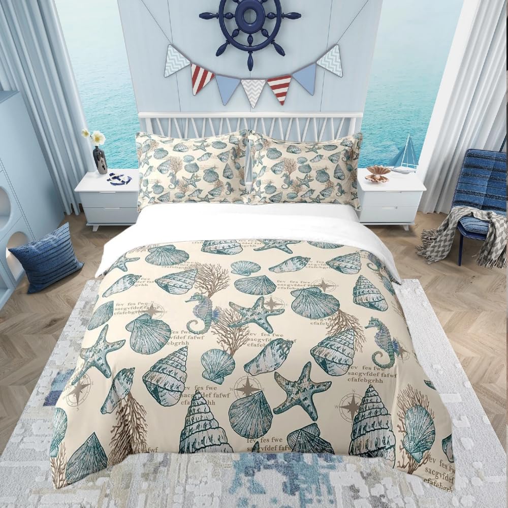 Starfish and Seashells Cotton Duvet Cover Set Ocean Beach Theme Bedding Set for Kids Women Men Retro Nautical Marine Compass Cotton Duvet Cover Set Seahorse Duvet Set King