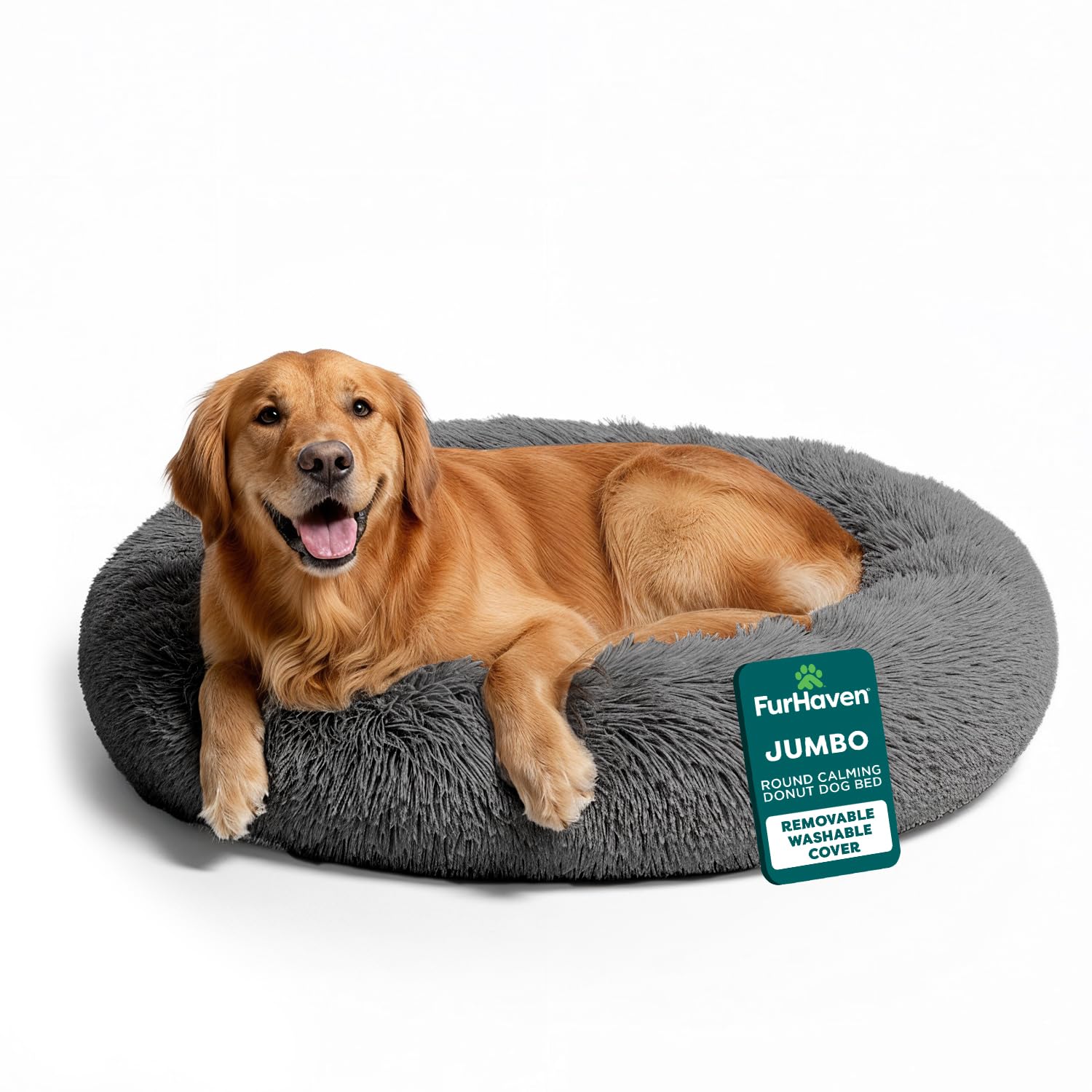 Photo 1 of **** MISSING PIECES FINAL SALE.****FurHaven 45" Calming Donut Dog Bed for Large Dogs, Round Plush Donut Design with Soft Filling for Snuggling Comfort, Removable Washable Cover, Jumbo XL, Shaggy Faux Fur, Gray