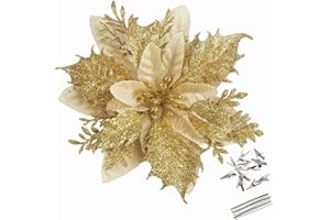 GREENTIME 12 Pcs Glitter Poinsettia 5.5" Artificial Flowers Christmas with Clips Stems Xmas Tree Ornaments for New Year Party Stairs Fireplace Porch Balcony Garden Church Wreath Decoration (Golden)