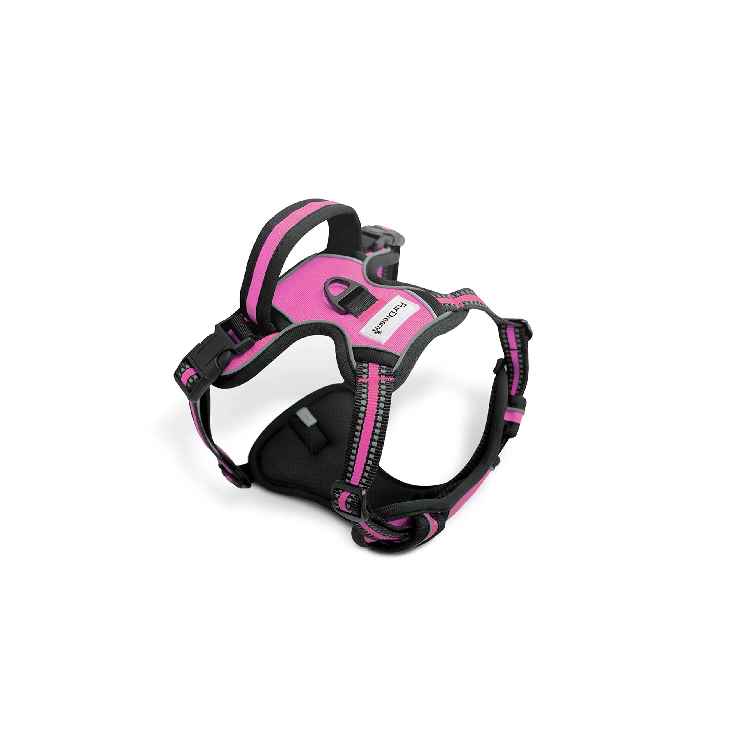 FurDreams Dog Harness – Secure Padded Vest Harness, Comfortable Material with Reflective Strips, Non-Restrictive, No Choke Fit with 4 Adjustable Straps, No Pull, Clip On Easy (Small, Pink)