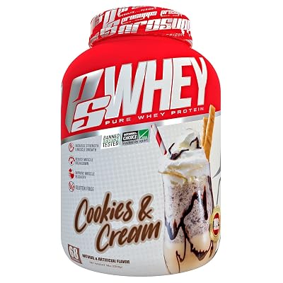 PS Whey Pure Whey Protein, 24g Protein Per Serving, Informed Choice Trusted by Sport, 5 pounds, Easy Mixing Delicious Cookies &amp;amp;amp; Cream