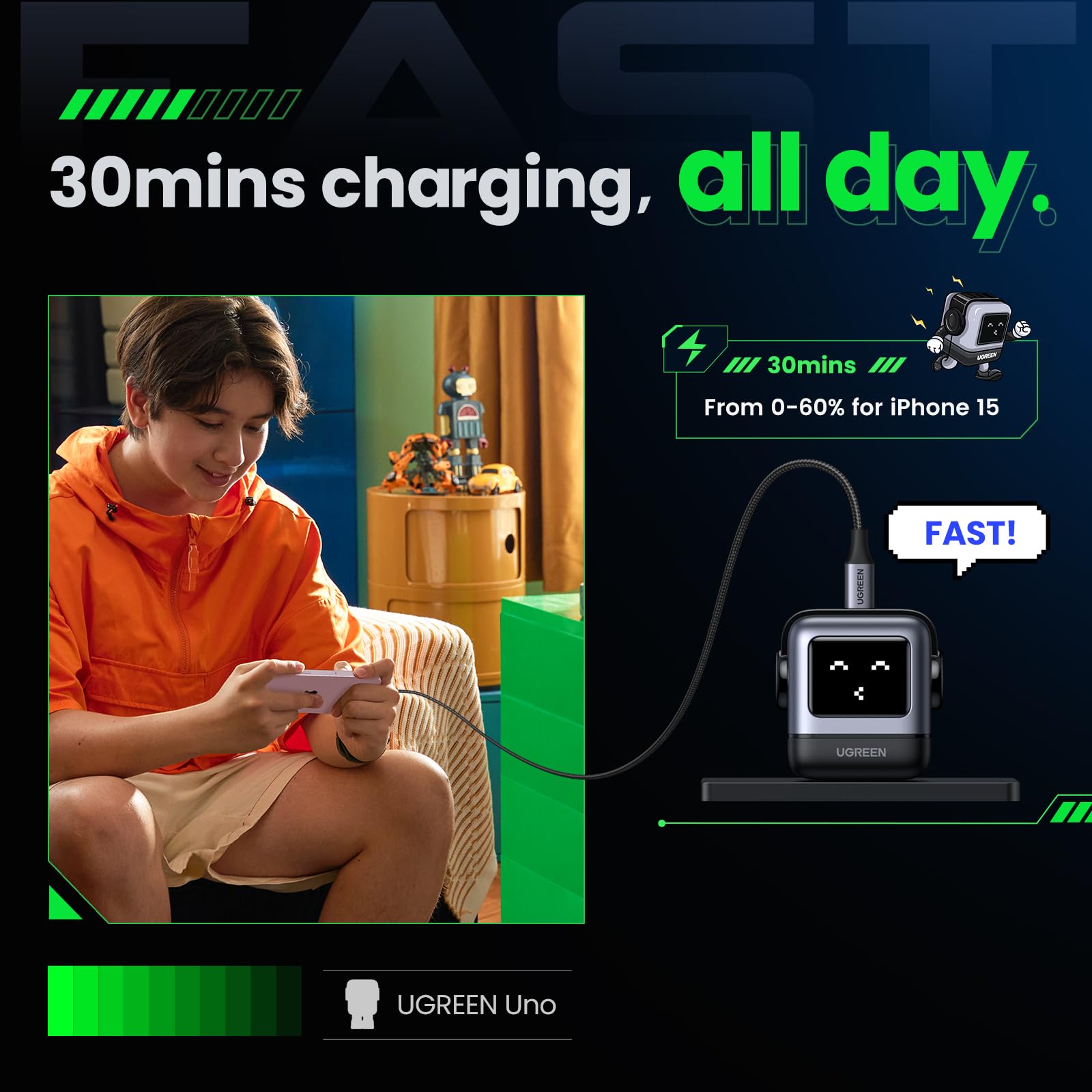 UGREEN Uno 30W USB C Charger Block, Compact Nexode Robot GaN Fast Charger for iPhone 17/16/15/14, Galaxy S25/S24/S23/S22, Pixel 10/9/8/7/6, MacBook Air, iPad Pro (Black)