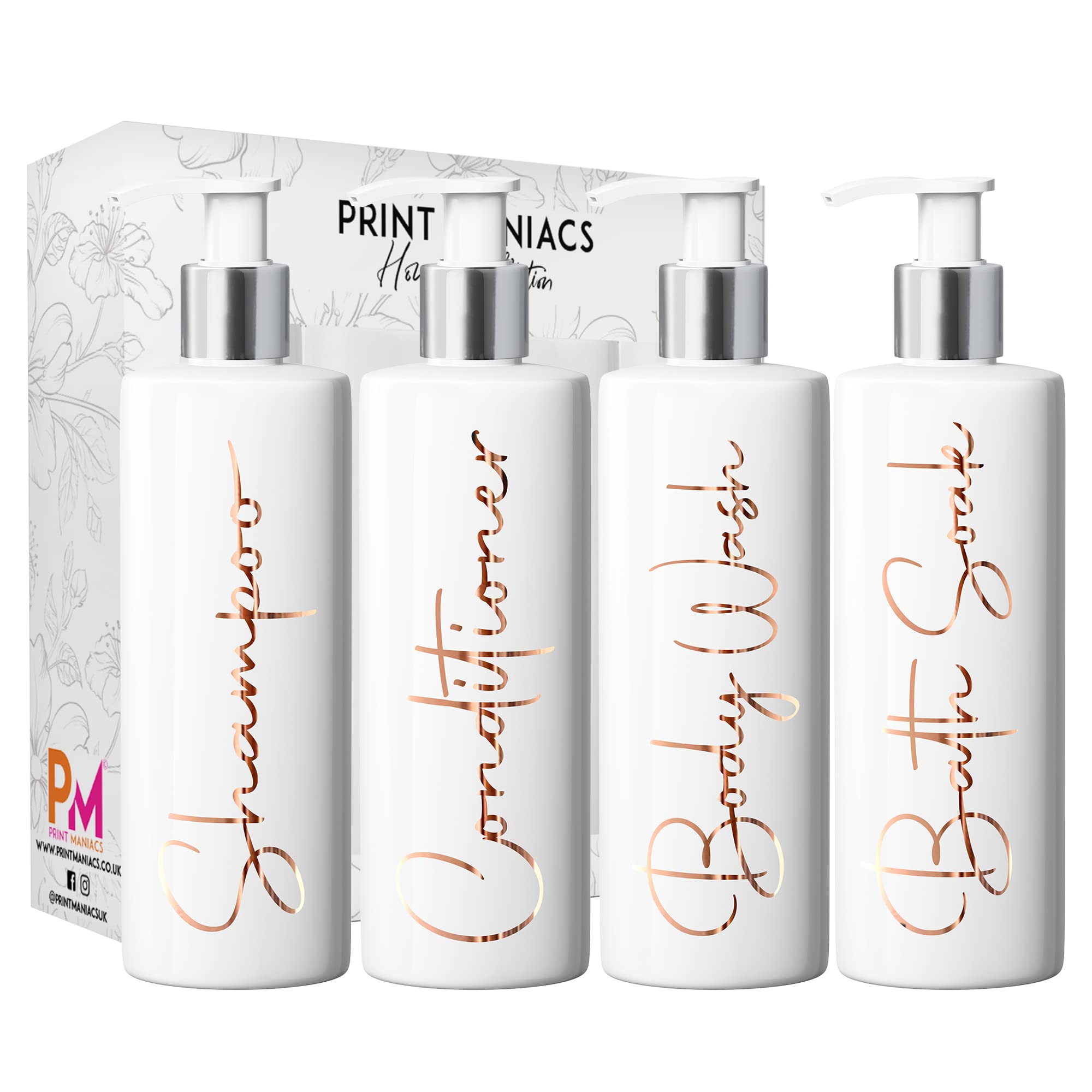 Print Maniacs Mrs Hinch Inspired White Personalised Pump Bottles Bathroom Kitchen Set Shampoo Conditioner Body Wash Bath Soak (F2) (Copper)