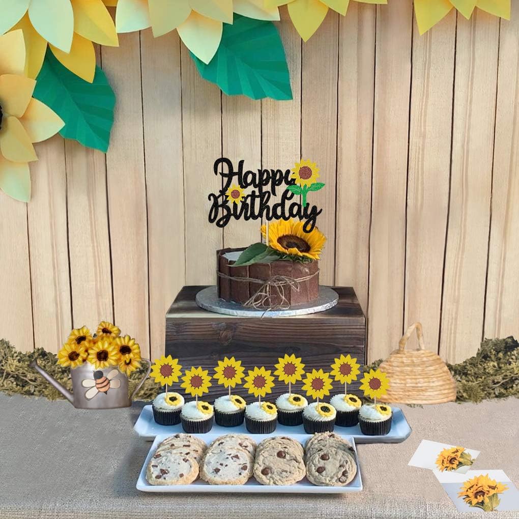 1 X Sunflower Cake Topper 6 X Sunflower Cupcake Toppers Sunflower Theme Party Decoration Sunflower Cake Decorations For Baby Shower Glitter Sunflower Happy Birthday Cake Topper For 1st Girl Boy Sunflower