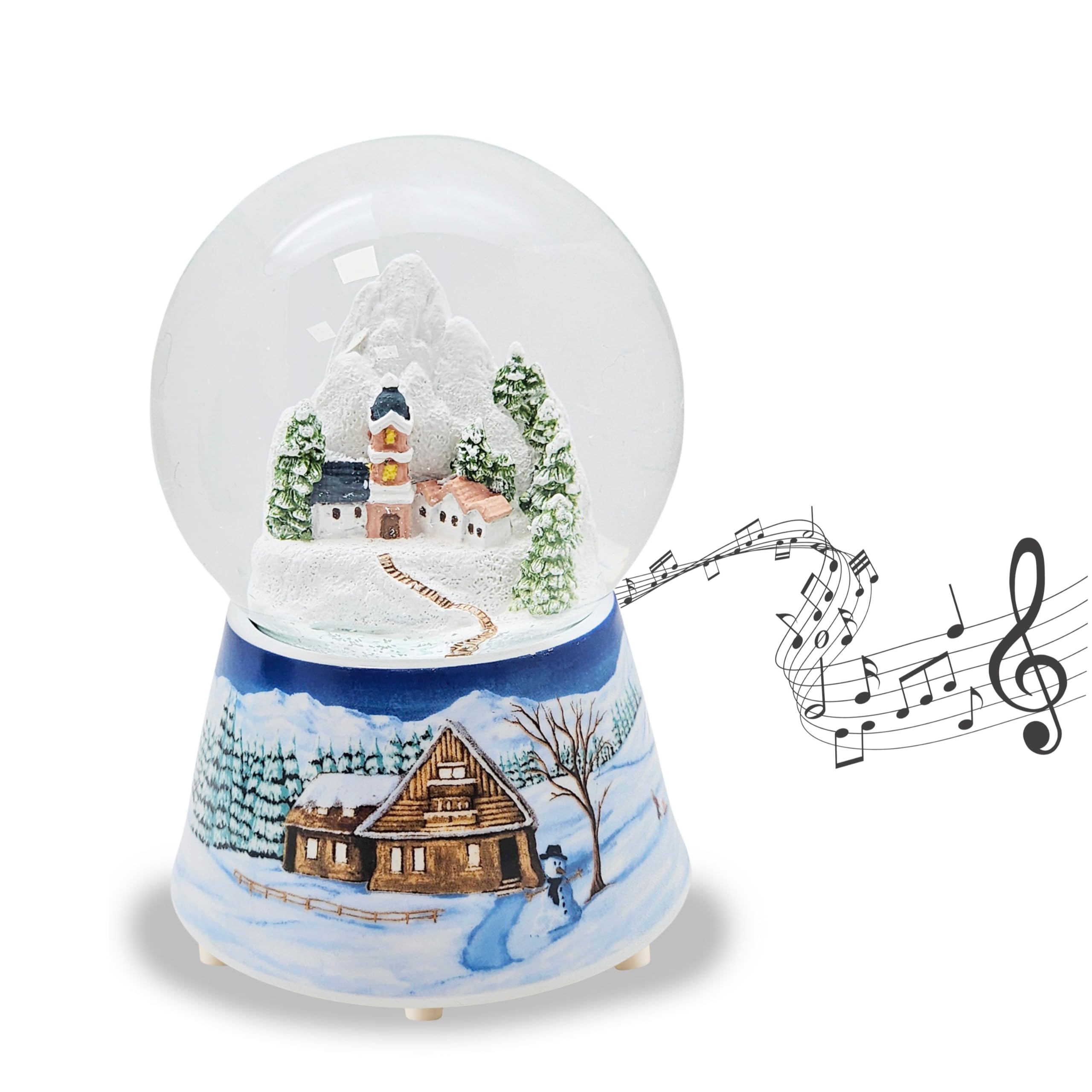 Snow Globe Christmas Music Box Mountain Village with Church Base Winter Landscape Medium Blue Music Winter Wonderland Shaker Ball Christmas Decoration W: 10 cm H: 14 cm | 20289