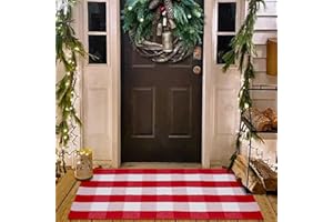PIXFAIRY Christmas Red and White Plaid Rug 27.5 x 43 Inches, Hand-Woven Indoor/Outdoor Layered Cotton Blend Buffalo Plaid Rug, Washable Front Door Mat, Perfect for Porch, Living Room, Entryway