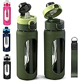 ANOTION 40OZ Glass Water Bottle, Large Sports Water Bottle with Dual-Drink Lid Clear Leakproof Glass Bottles with Straw, Motivational Jug with Silicone Sleeve and Time Marker for Travel Gym-Green