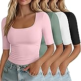 Neer 4 Pack Women's Half Sleeve Shirts Cotton Blend Elbow Length Tees Stretchy Square Neck Slim Fitted Casual Basic Tops