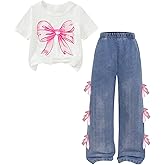 WDIRARA Toddler Girl's 2 Piece Outfits Bow Short Sleeve T Shirt and Elastic Waist Wide Leg Denim Pants Set