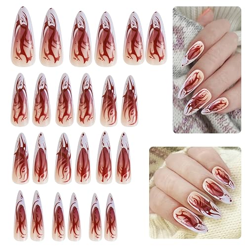 Y9HBCJJP False Nails - Long Pointed Tip Nail Press Ons with Glue Stickers - Red Flame Blooming Ballerina Acrylic Halloween Cosplay Nails for Women & Girls