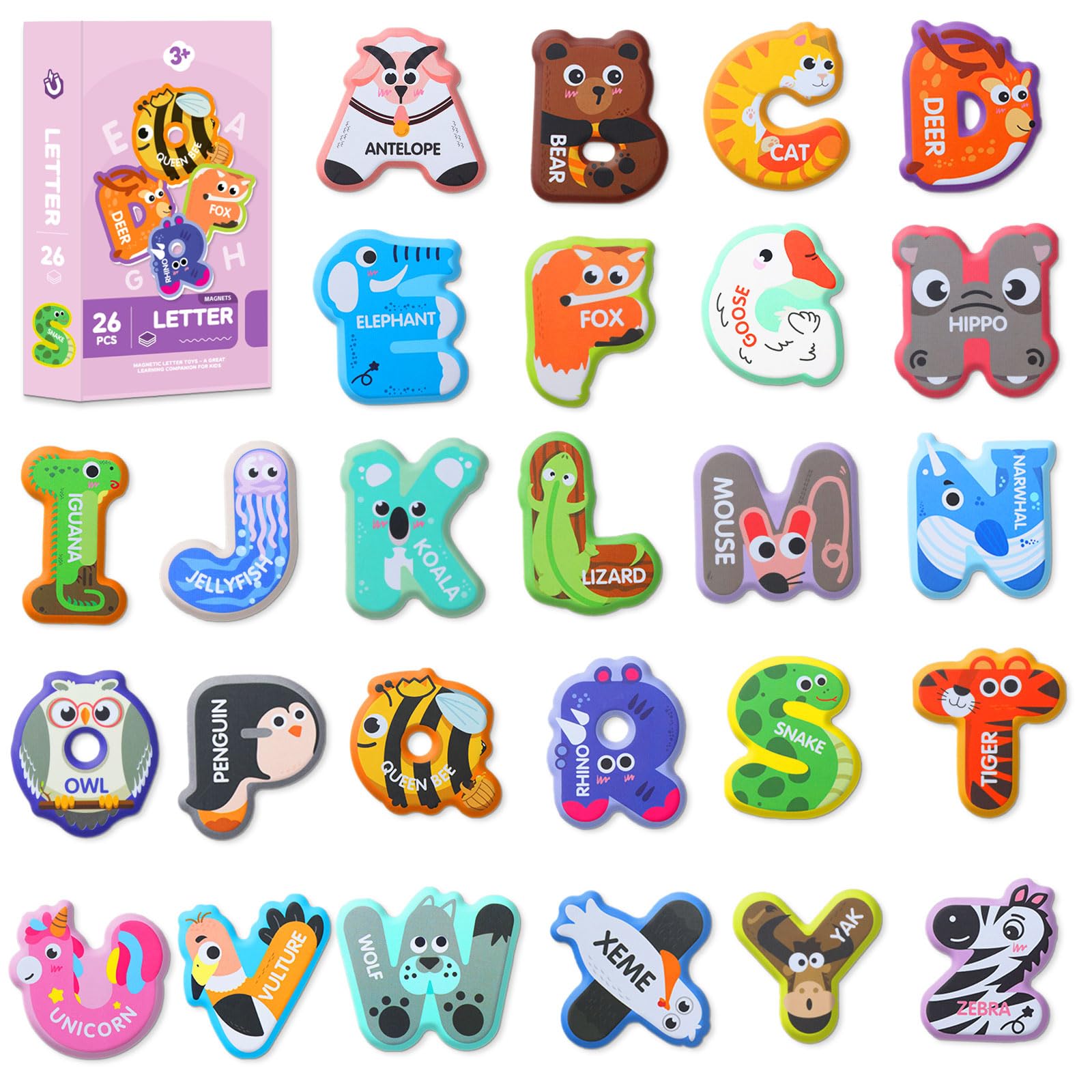 Magnetic Letters,Large Size Fridge Magnets for Kids,Alphabet ABC Magnets for Refrigerator, Capital Animal Toys, Educational Spelling Learning Games Toys for Toddler (Uppercase Letter Style B)