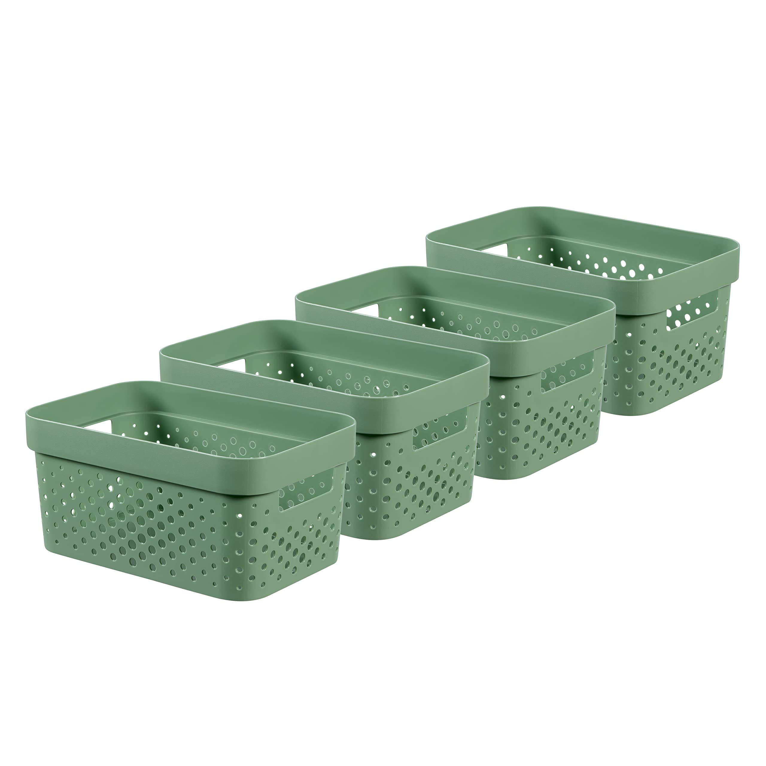CURVER Infinity Dots Set of 4 Rectangular Storage Boxes, 100% Recycled Resin, Nestable & Multifunctional, 4.5 Litres, Green