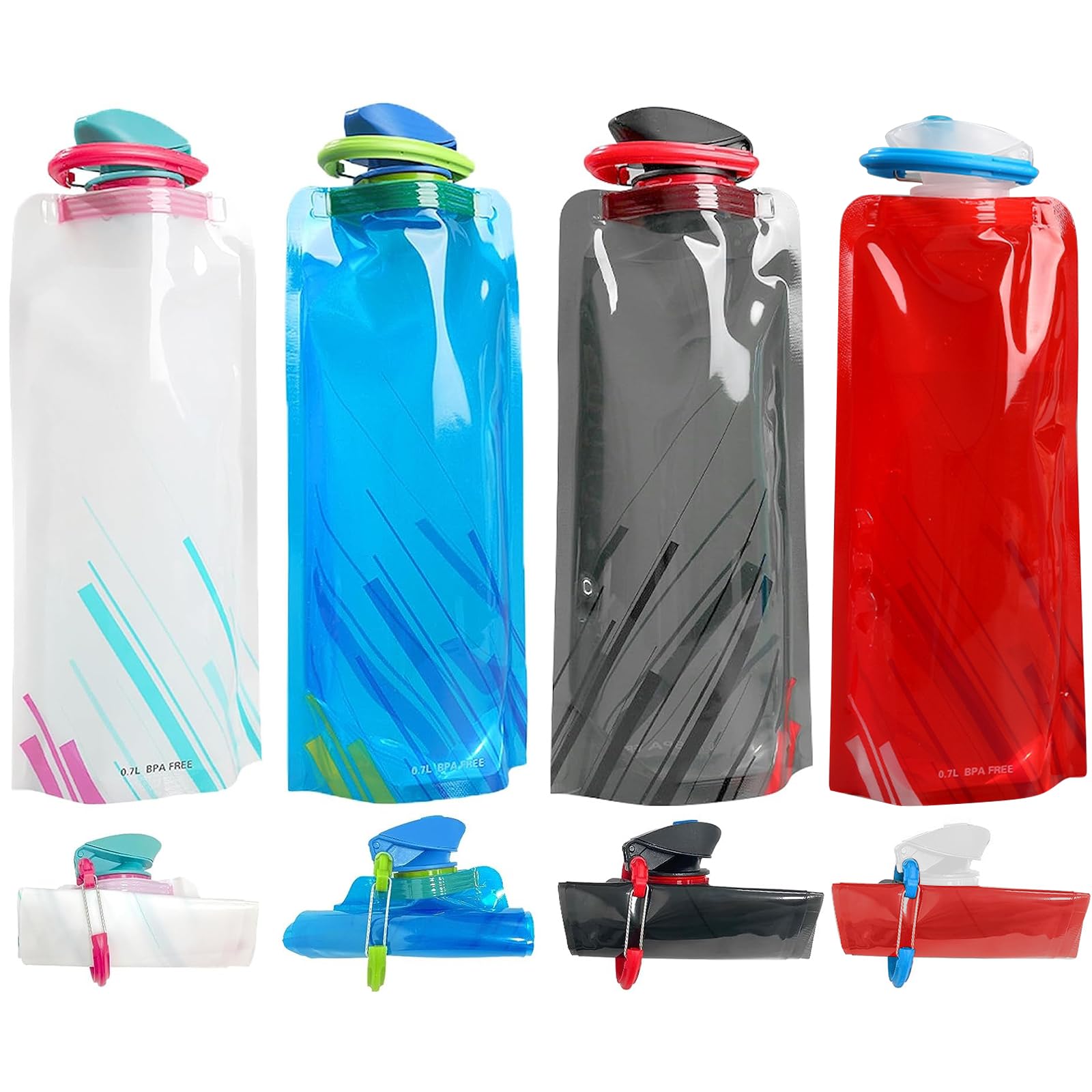 HDAKDDHG Collapsible Water Bottle, 4PCS 700ML Folable Water Bottles, BPA Free Portable Reusable Sports Water Bottle with Carabiner for Outdoor Sports, Hiking, Adventure, Travel, Cycling