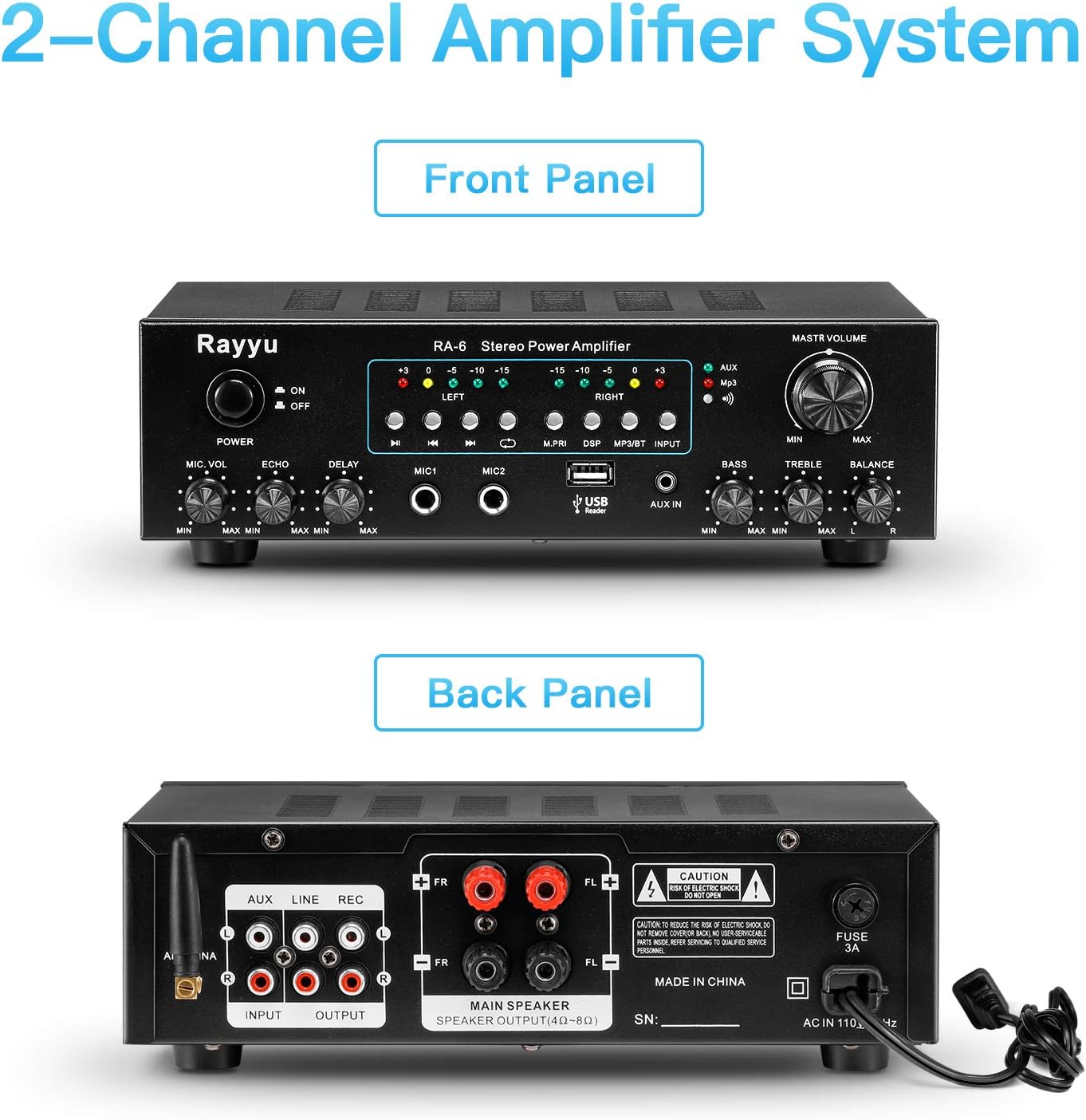 Rayyu Professional Digital Stereo Reverb MP3 Amplifier, Bluetooth Compatible Home Audio Power Amplifier，App Control，2x30W Mini Dual Channel，1/4”Microphone Input Jacks, Compact with USB/AUX RA-6: Home Audio & Theater