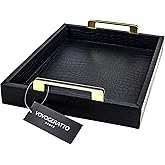 VOVOGERATTO Black Serving Tray with Handles, Large Alligator Faux Leather Decorative Tray, Coffee Table, Ottoman Rectangular Trays for Home Decor, for All Occasions,16" x 12"