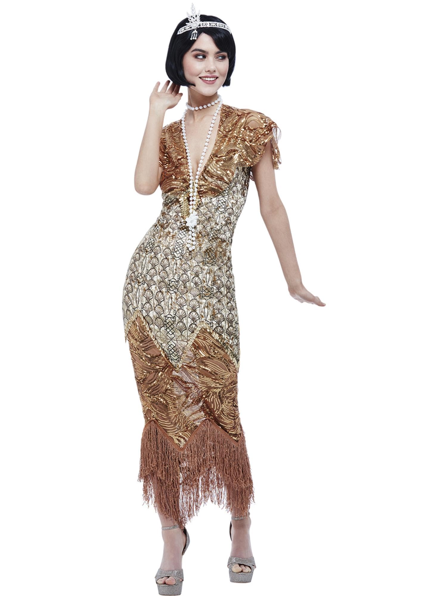 Smiffys Deluxe 20s Sequin Gold Flapper Costume Dress, 1920's Razzle Fancy Dress, 1920s Dress Up Costumes