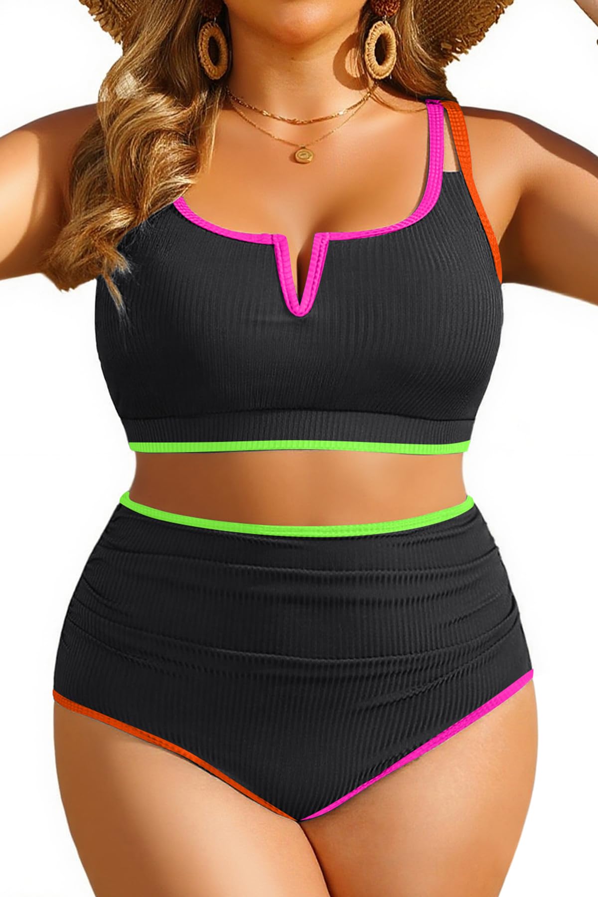 Photo 1 of Women Plus Size High Waisted Bikini - Ribbed Two Piece Swimsuit Tummy Control Bathing Suit V-Wired 2025 Swimwear Colorful Black 18W
