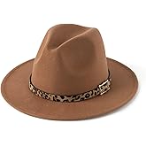HUDANHUWEI Women's Wide Brim Felt Fedora Panama Hat with Leopard Belt Buckle