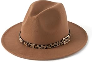HUDANHUWEI Women's Wide Brim Felt Fedora Panama Hat with Leopard Belt Buckle