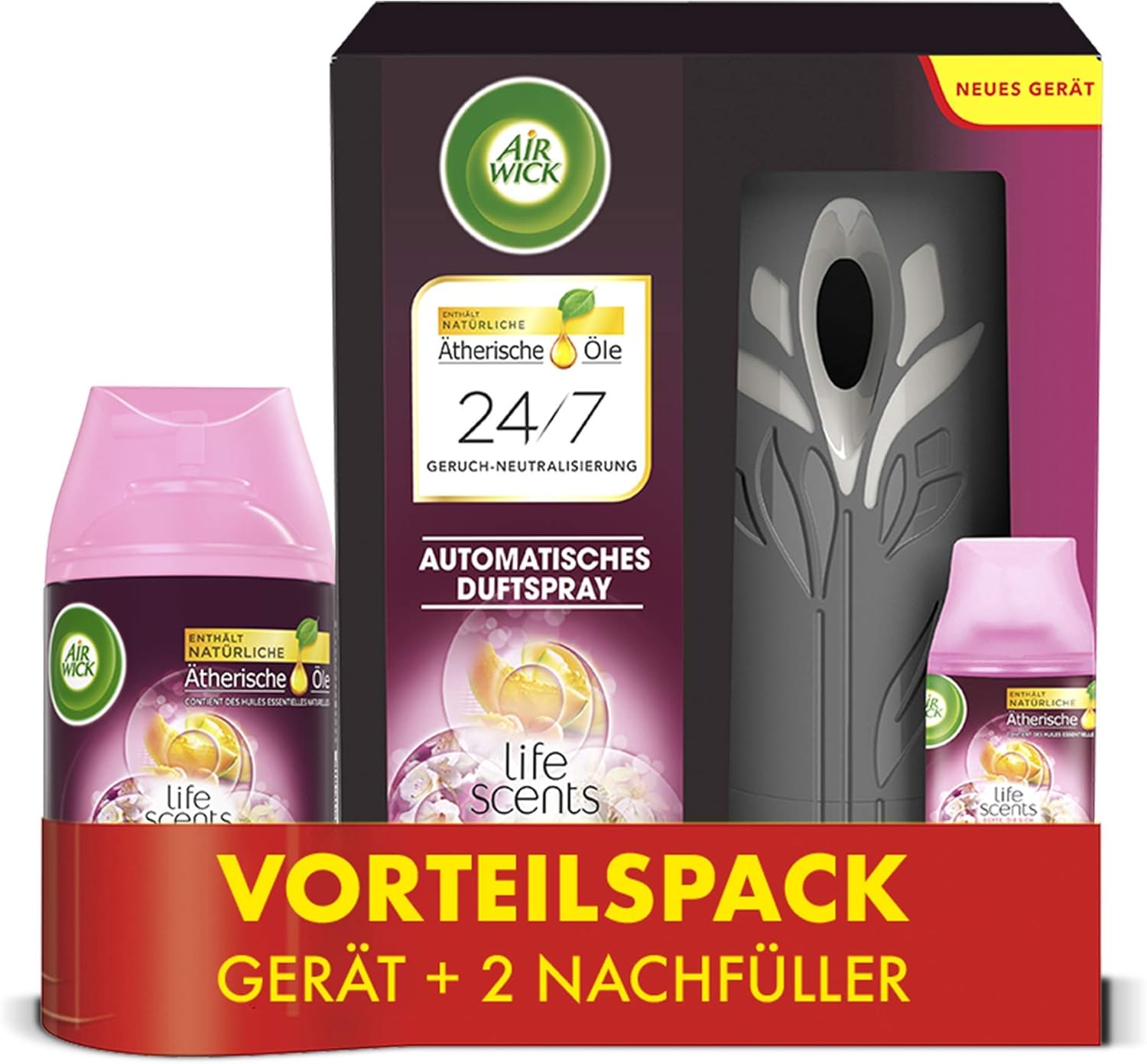 Air Wick Freshmatic Max – Vorteilspack mit Gerät und 2 Nachfüllern – Batteriebetrieben – Duft: Sommervergnügen – 2 x 250 ml Nachfüller + Gerät in Schwarz