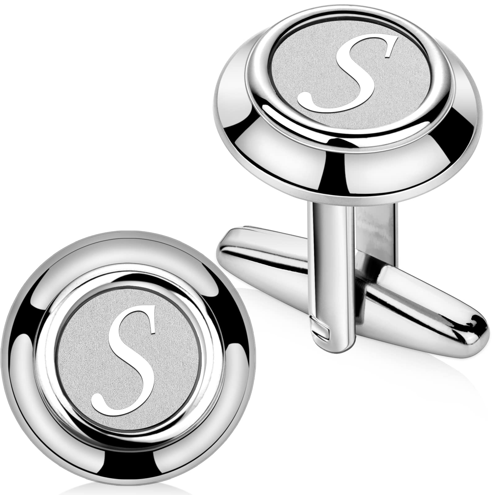 Silver Cufflinks for Men 26 Letters Initial Letter S Tuxedo Cuff Links (A Pair)