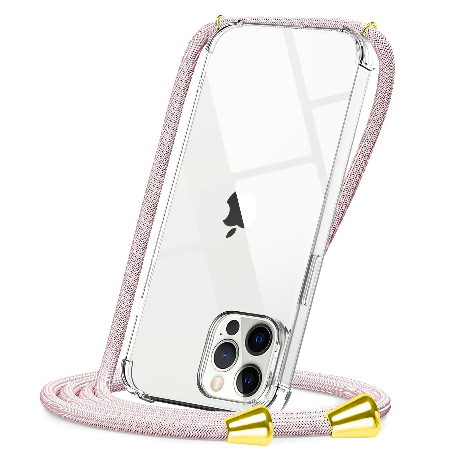 CAROKI Crossbody Case for iPhone 12 Pro Max, Clear Shockproof Soft TPU Protective Cover with Adjustable Rose Gold Lanyard Neck Strap & Shoulder Cord, Slim Necklace Phone Case for 12 Pro Max (6.7")