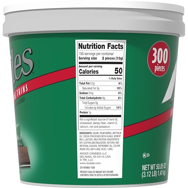 ANDES CREME DE MENTHE THIN MINTS – 300 COUNT – BULK AFTER DINNER MINTS – RECTANGULAR CHOCOLATE SANDWICH MINT CANDIES – 3.12 LB TUB