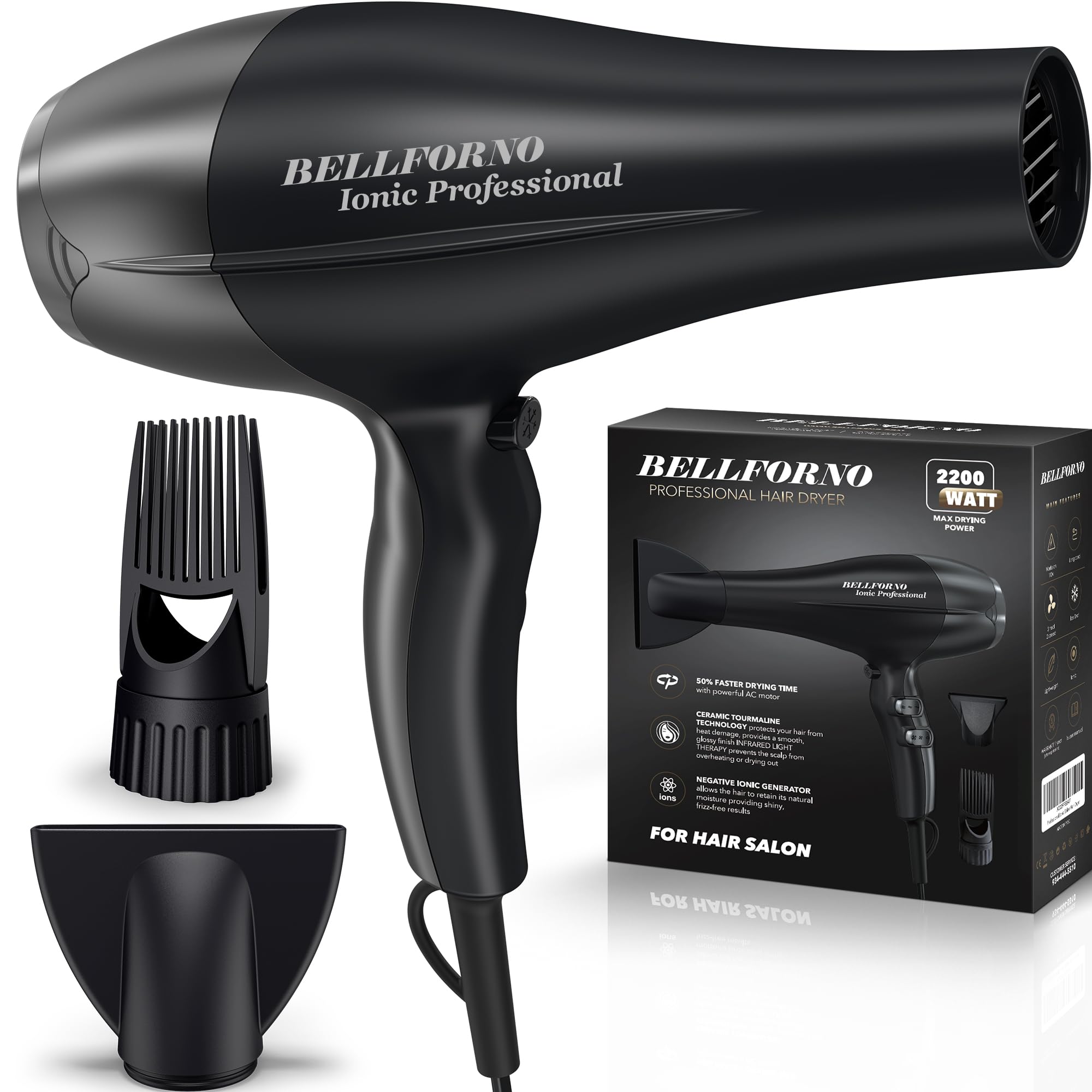 Photo 1 of Fast-Dry 2200W Negative Ionic Ceramic Hair Dryer Tourmaline Technology - Lightweight & Quiet Professional Salon Blow Dryer with ADC Motor - hairdryer