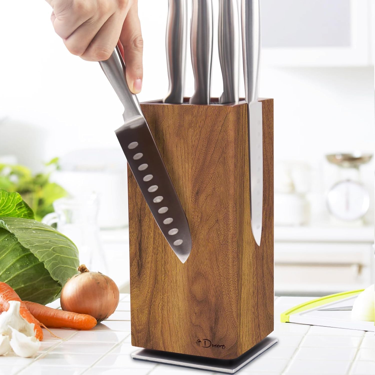 Photo 1 of Dmore magnetic knife block without knives, 360° rotatable magnet knife holder stand made of fine acacia wood, Extra Large capacity knife storage for knives and utensils for kitchen counter top