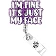 Dimeho Funny Badge Reels Retractable ID Card Holder I'm Fine It's Just My Face Name Tag Alligator Clip Heavy Duty Swivel Keychain for Nurse Student Medical Assistant Doctor Teacher Office Work