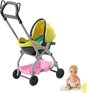 Amazon Com Barbie Skipper Babysitters Inc Doll And Playset Small Baby Doll With Yellow And Pink Stroller With Rolling Wheels And Removable Seat Plus Blanket And Bottle Gift For 3 To 7 Year
