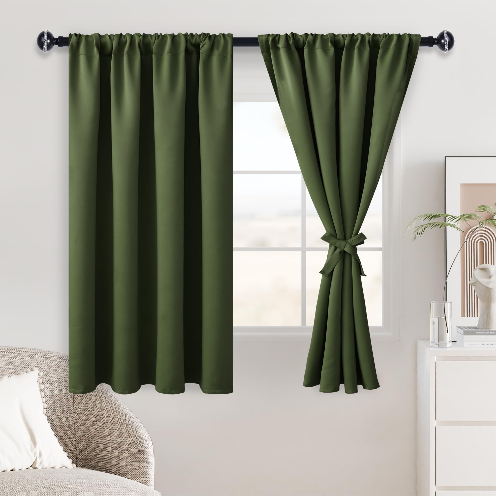 Photo 1 of JIUZHEN Blackout Curtains for Bedroom– Thermal Insulated,Noise Reducing Room Darkening Privacy Rod Pocket Drapes for Living Room, Set of 2 Panels with Tiebacks, 42 x 54 inch Long, Olive Green
