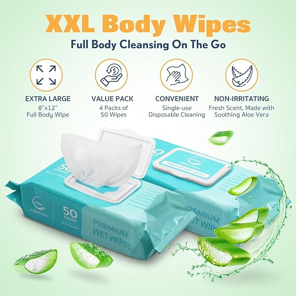 WIPES FOR ADULTS BATHING NO RINSE – ADULT WIPES FOR ELDERLY 8″ X 12″ (200 COUNT) SHOWER WIPES FOR ADULTS NO RINSE, INCONTINENCE DISPOSABLE WASHCLOTHS, ALOE VERA, VITAMIN E +4 INDIVDUAL WIPES