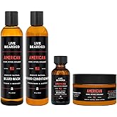 LIVE BEARDED&reg; Complete Beard 4 Step Grooming Kit, American Scent | All-Natural Wash, Conditioner, Butter &amp; Oil, 4-Step Kit, Nourishes &amp; Supports Beard Growth, Cedar, Vetiver, Bergamot