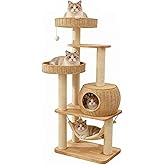XFWKUTPE Wooden Cat Tree for Large Indoor Cats, 55in Modern Tall Cat Tower | Solid Wood Cat Condo, with Scratching Post, with Handwoven Basket and Cozy Hammock, for Multi Adult Cats, Easy to Clean