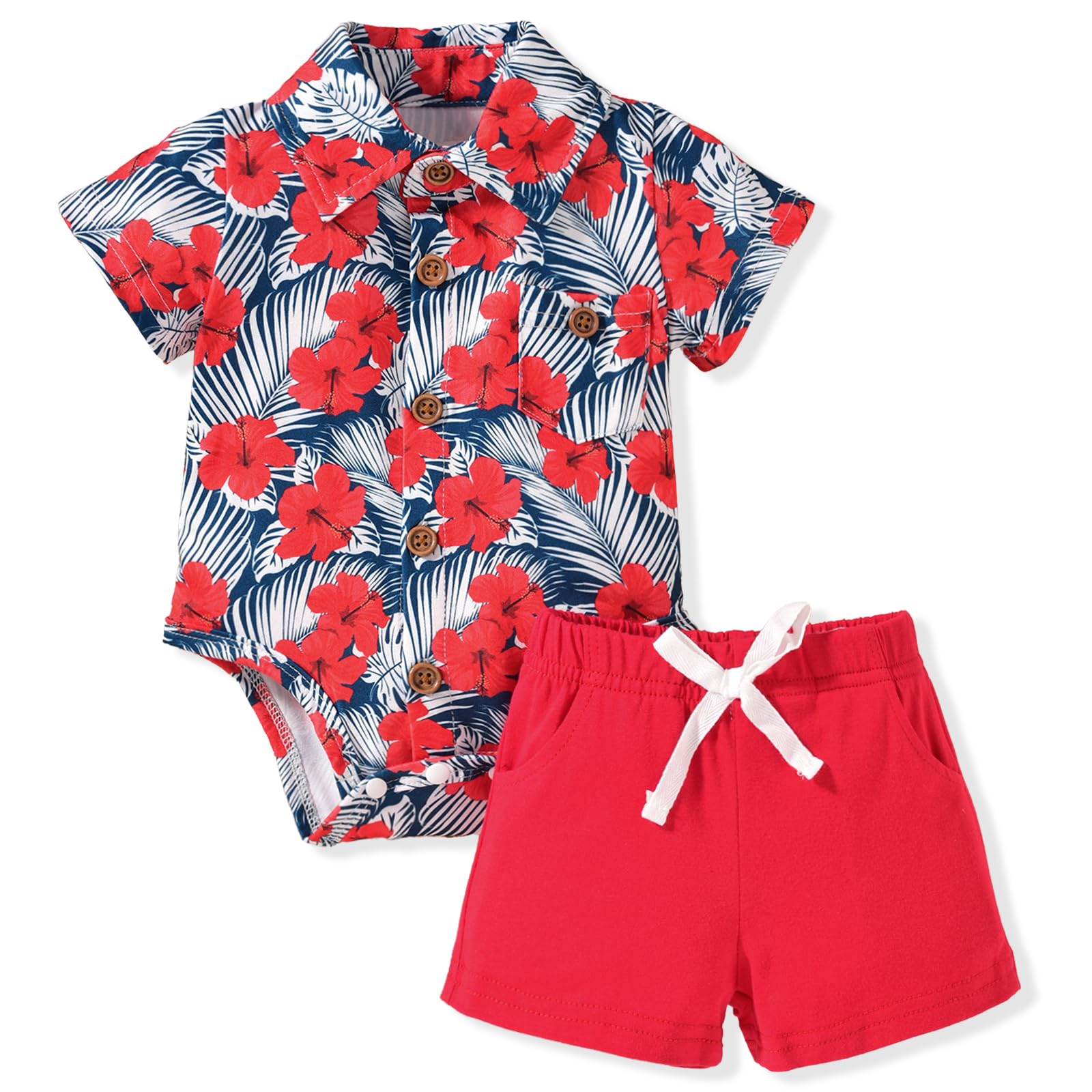 Photo 1 of MINIFEIKO 6-12 Months Baby Boy Hawaiian Outfit Beach Infant Shorts Set Clothes for Summer Floral Red