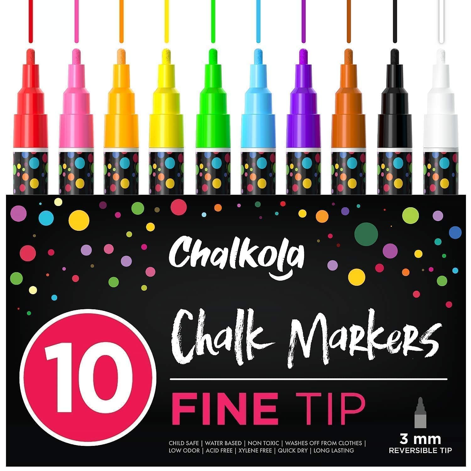 Chalkola 10 Fine Tip Liquid Chalk Pens for Chalkboard Signs, Blackboard, Window, Labels, Bistro, Glass, Car (10 Pack 3mm) - Wet Wipe Erasable Ink Chalk Board Markers, 3mm Reversible Tip Chalk Pens — image 1