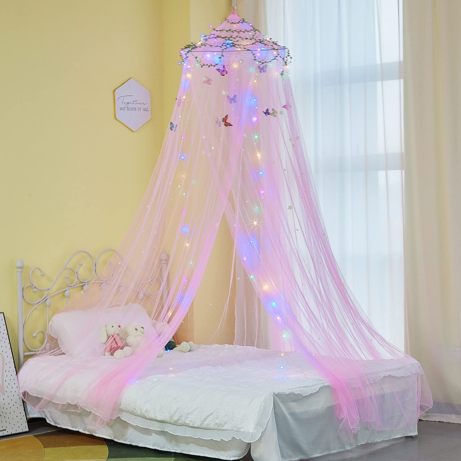 MHJY Bed Canopy for Girls Room Bed Curtains with LED Lights Mosquito Net DIY Princess Room Décor with Stars Butterflies for Kids Bedroom — image 1