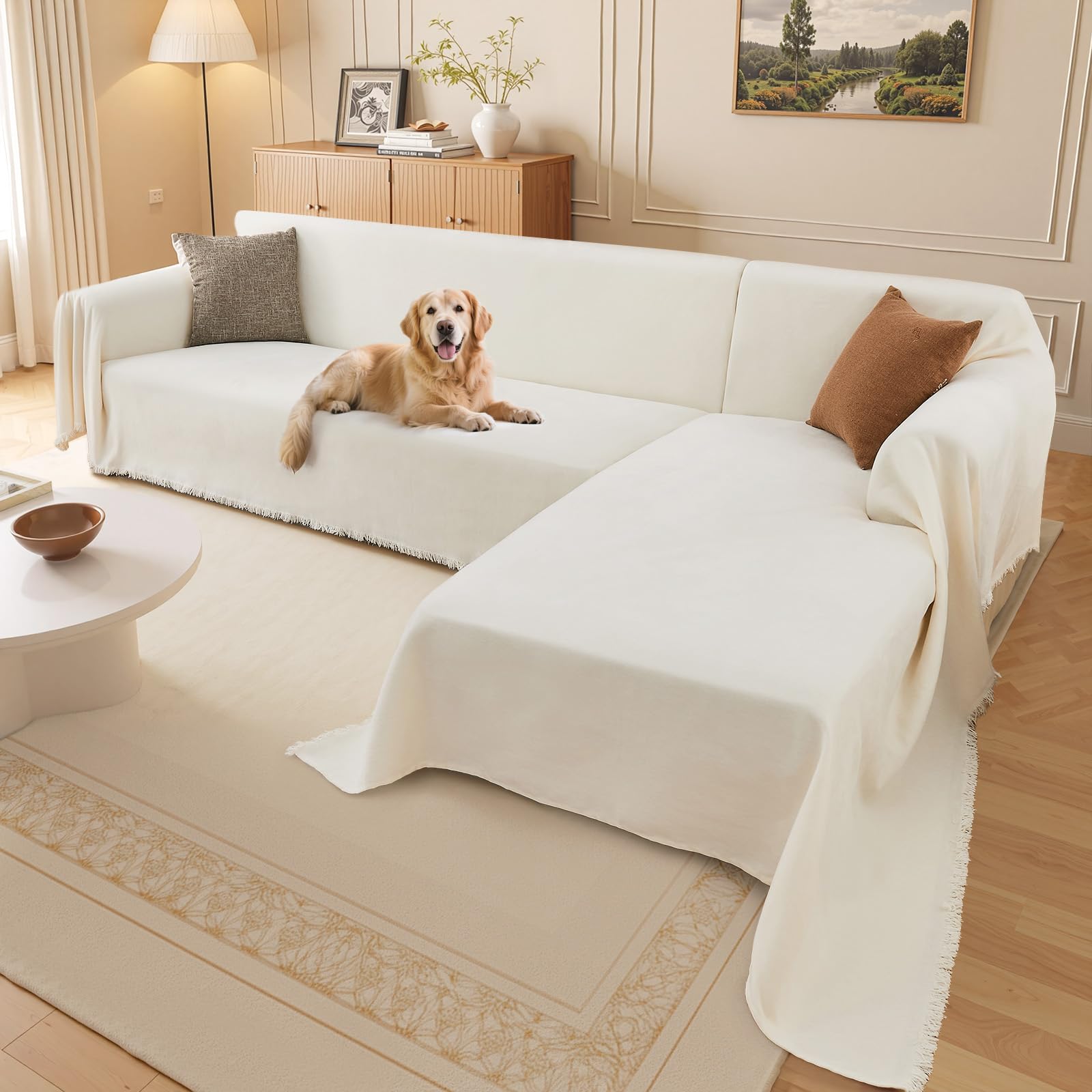 Photo 1 of Houmiggle Sectional Couch Covers, 2 Pieces Washable L Shaped Couch Covers Sofa Blanket for Dogs Pet Friendly Sectional Sofa Slipcovers Furniture Protector,71"x 110"+ 71"x 118",(X-Large,Cream White)