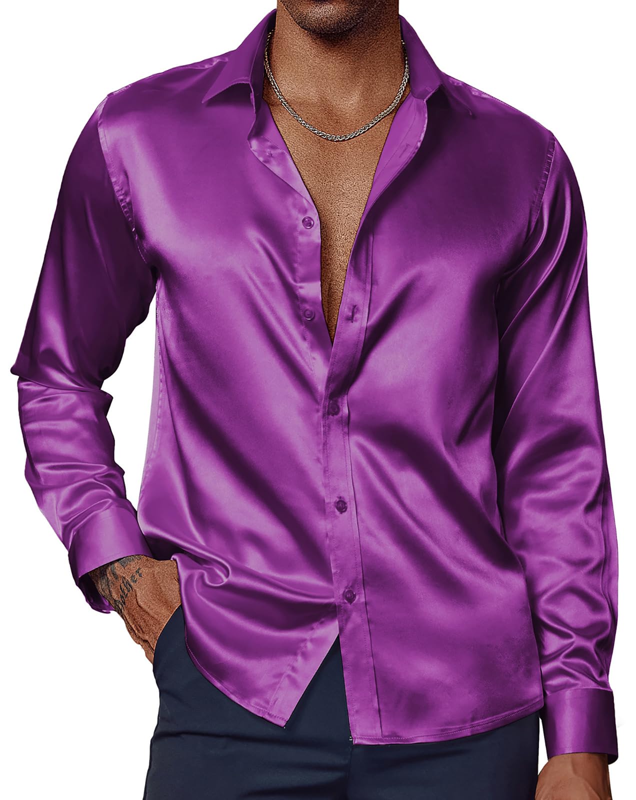 Photo 1 of PJ PAUL JONES Mens Purple Satin Dress Shirts Silk Like Long Sleeve Button Up Shirts Mardi Gras XL
