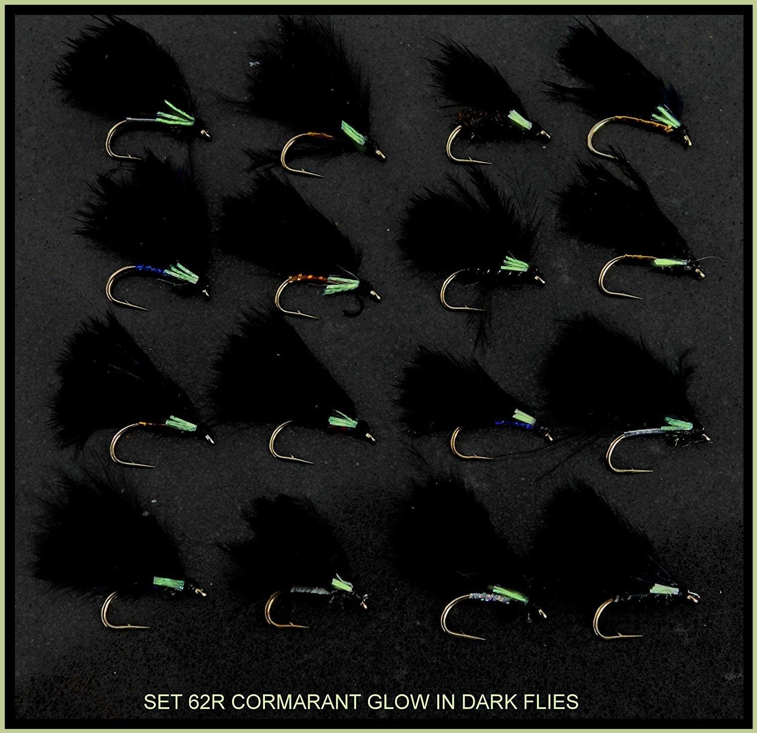 TROUT Fly Fishing Flies UK. 16 Cormorant GLOW IN DARK eyes. Trout Fly Fishing Flies. FOR rod reel line SET 62R-10 Hook size 10