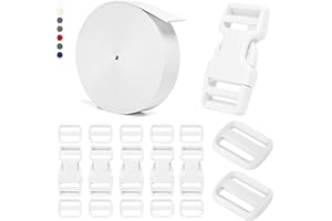 BEYOURD Buckle and Strap Set, 10 Yards Polyester Webbing Strap with 6 Dual Adjustable Side Release Plastic Buckles, 12 Pieces Tri-Glide Slider Clips for Custom Projects (Everyday Series 1 Inch, White)