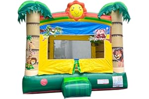 Pogo Bounce House Crossover Inflatable Bounce - Commercial Grade Party Playhouse Tropical Jungle Smiley Face Slide & Blower - for Kids Backyard Outdoor Jump Fun - W/Stakes & Storage Bag 13x12x14.5ft