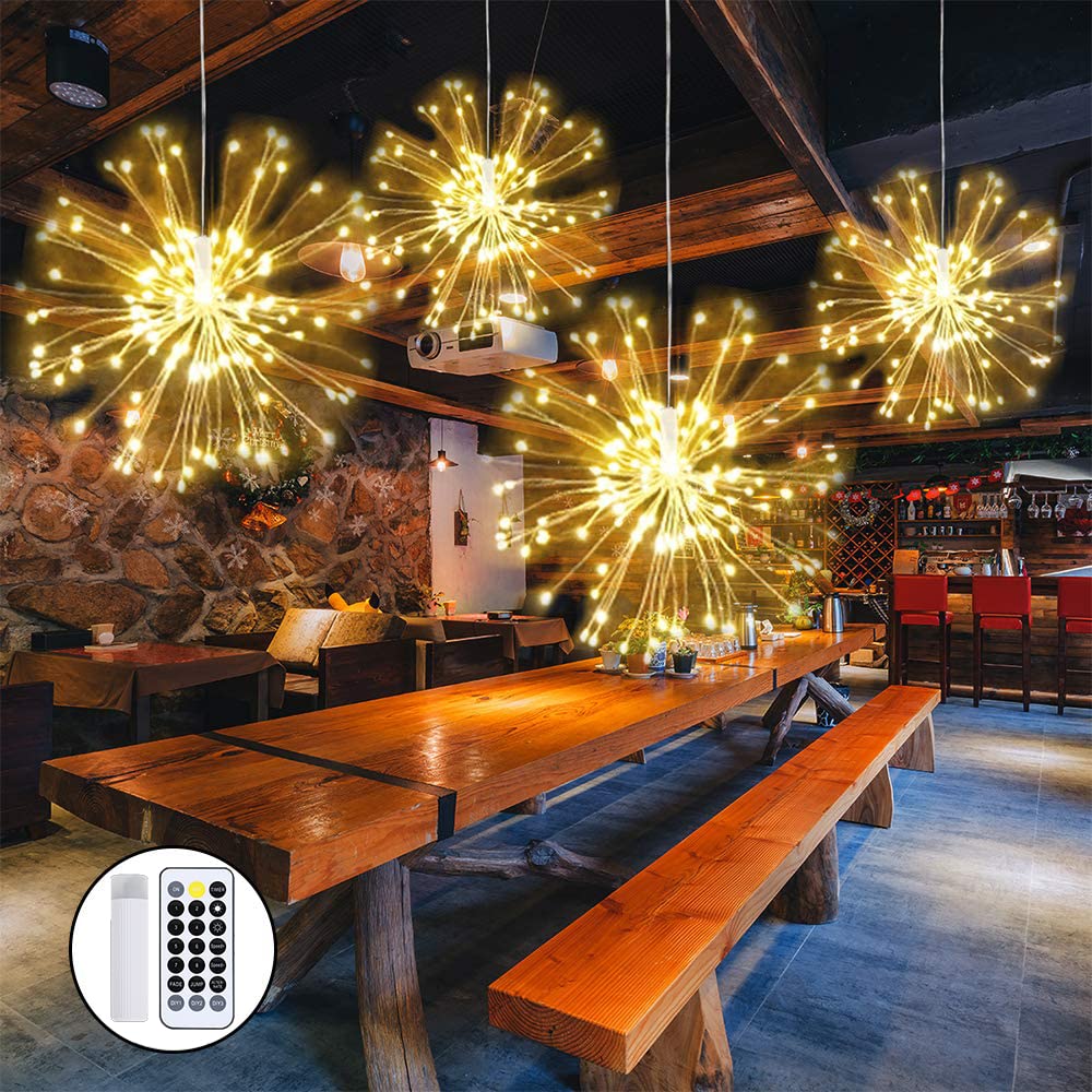 Shinoske Starburst Lights, 4 Pack 480 LEDs Waterproof Hanging Fireworks Fairy Lights USB Rechargeable with Remote Control 8 Modes for Garden/Christmas/Party/Outdoor/Indoor - Warm White